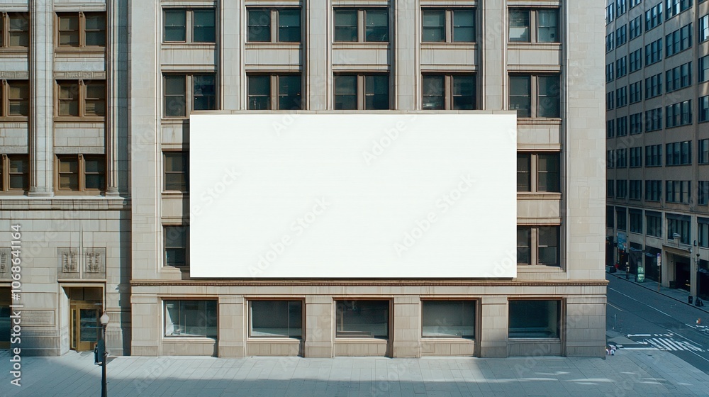 Vertical blank billboard on a minimalist building facade, creating a modern and clean look for advertising