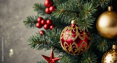 New Close-up of decorated Christmas tree and Star with golden and red ornaments and glowing lights.