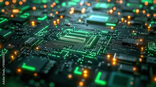 Electronic Circuit Board with Green Pathways.