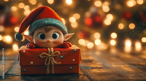 A smiling Christmas elf peeks out from behind a red gift box with a bow.