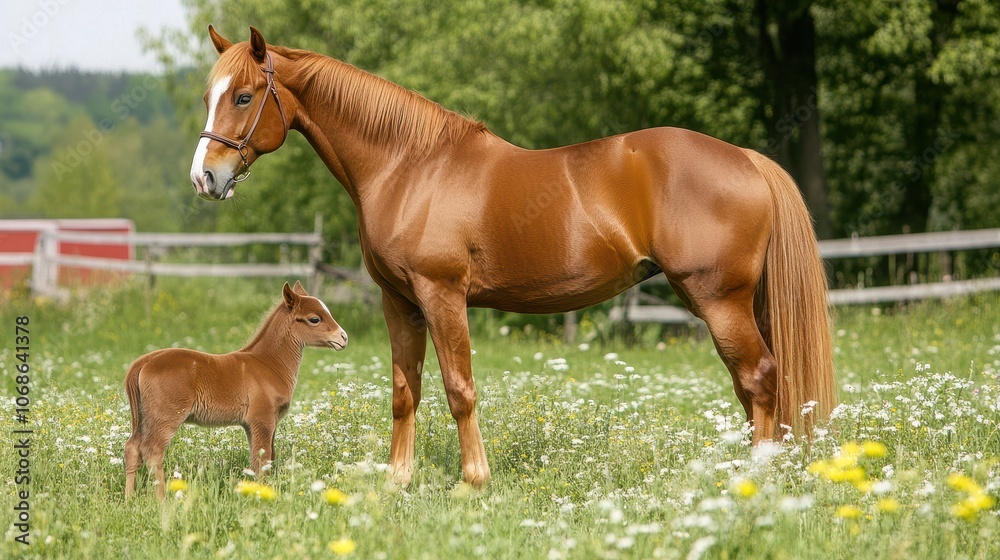 Brown Mare and Foal in Pasture Under Natural Light Brown Mare and Foal in Pasture Under Natural Light