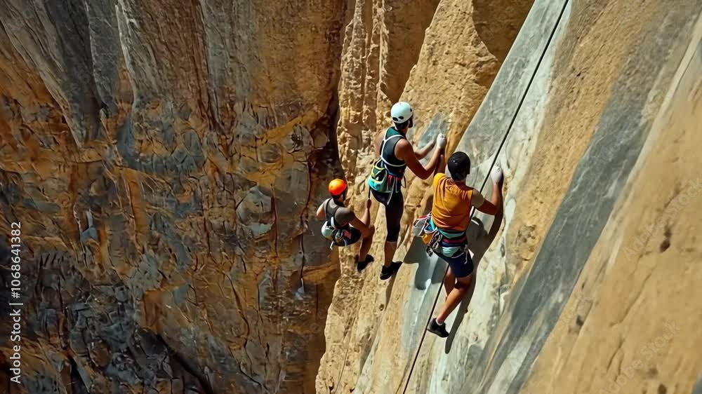 Three people are climbing a rock wall, with one of them wearing a yellow shirt Three people are climbing a rock wall, with one of them wearing a yellow shirt