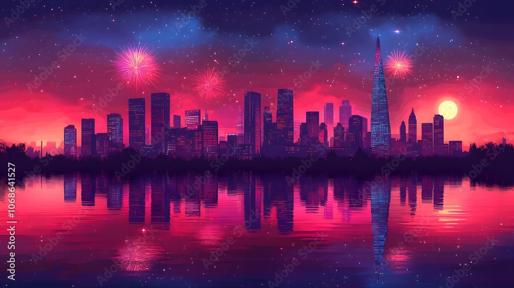 City skyline illuminated by fireworks, night New Year celebration, virtual art-inspired background