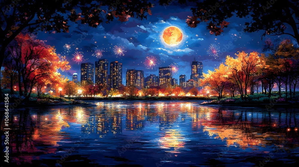 Urban skyline and skyscrapers with fireworks, New Year atmosphere, watercolor effect Urban skyline and skyscrapers with fireworks, New Year atmosphere, watercolor effect