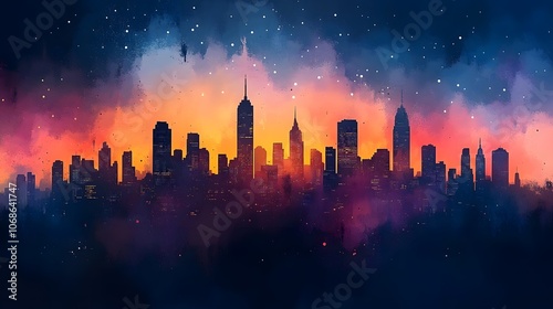 Cityscape and fireworks display, tall buildings, festive New Year night, watercolor background