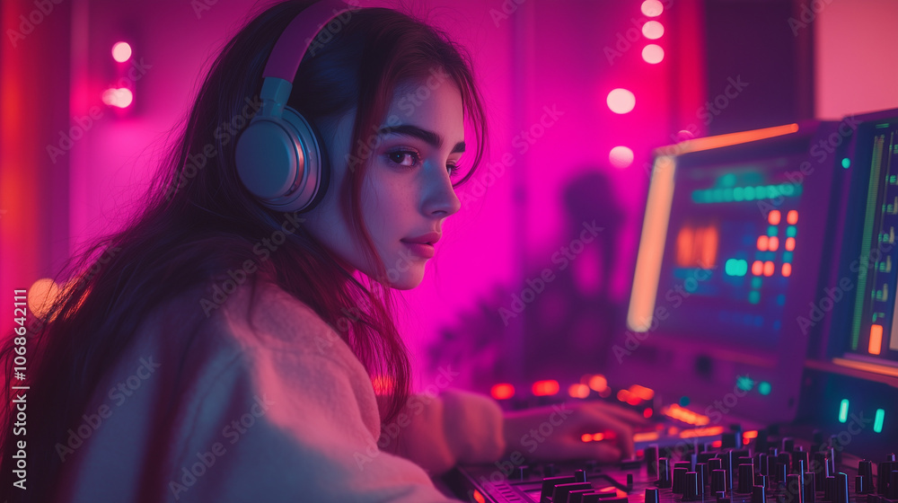 Portrait of Girl DJ with Retro Headphones and Vintage Player in Neon Pastel Colors Portrait of Girl DJ with Retro Headphones and Vintage Player in Neon Pastel Colors