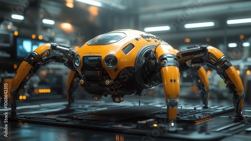 Futuristic sleek spider drone in cinematic laboratory