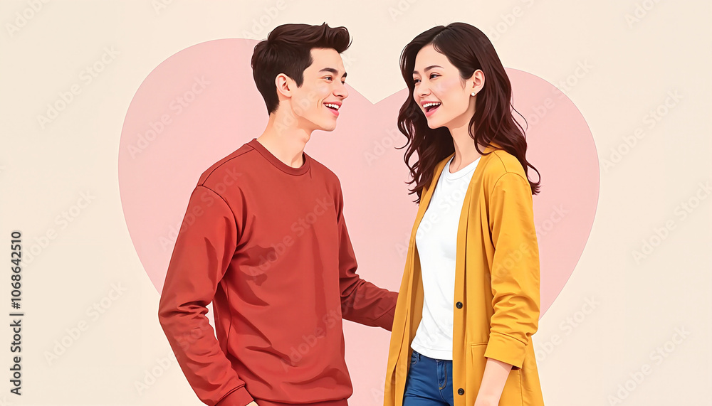 Couple smiling and talking with a heart backdrop
