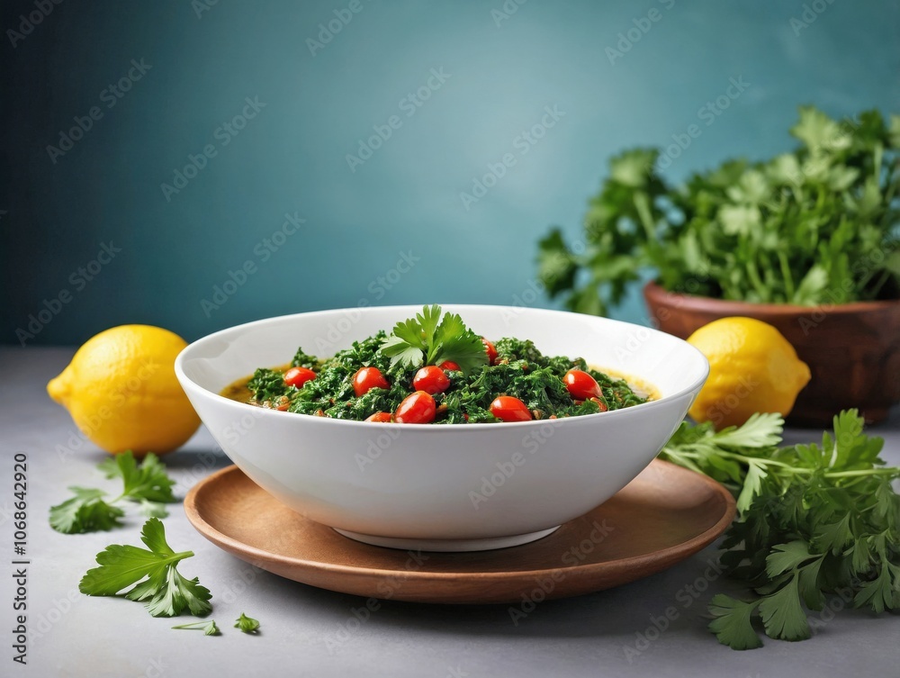 A white bowl of Ghormeh Sabzi A white bowl of Ghormeh Sabzi