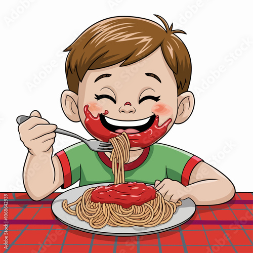 Happy child eating spaghetti with sauce, messy face