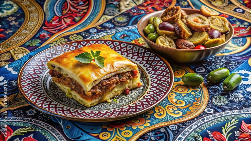 Fototapeta premium Surreal Greek Cuisine Art with Paisley Patterns - Explore a Dreamy Fusion of Flavors and Textures in a Vibrant Abstract Setting