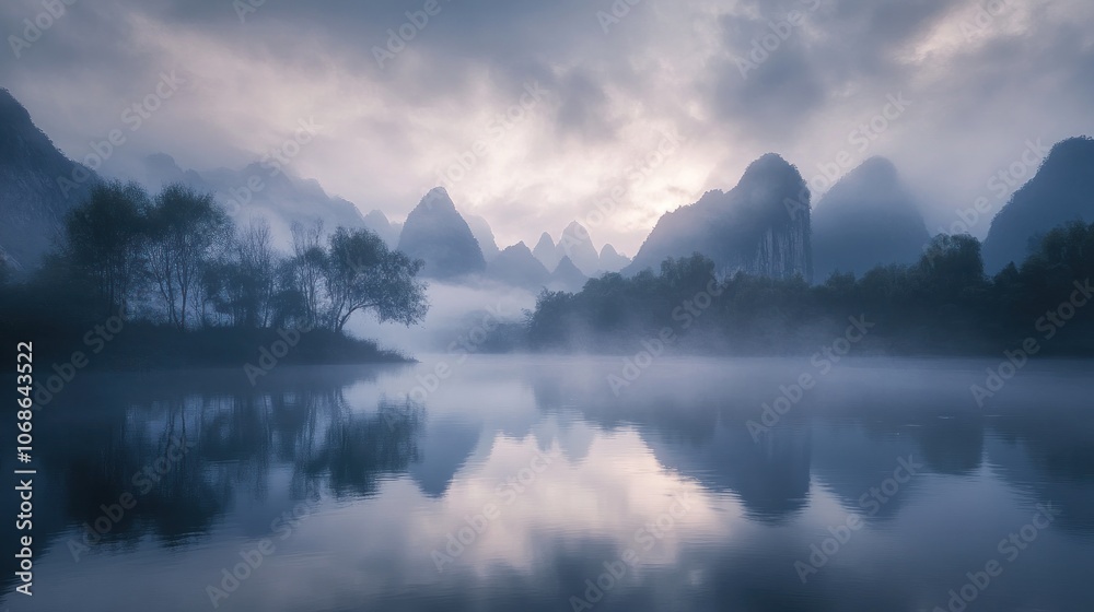 Misty Morning Landscape with Mountain Reflections Misty Morning Landscape with Mountain Reflections