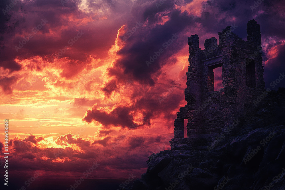 Fototapeta premium Dramatic Sunset Behind Ancient Ruins on a Hilltop