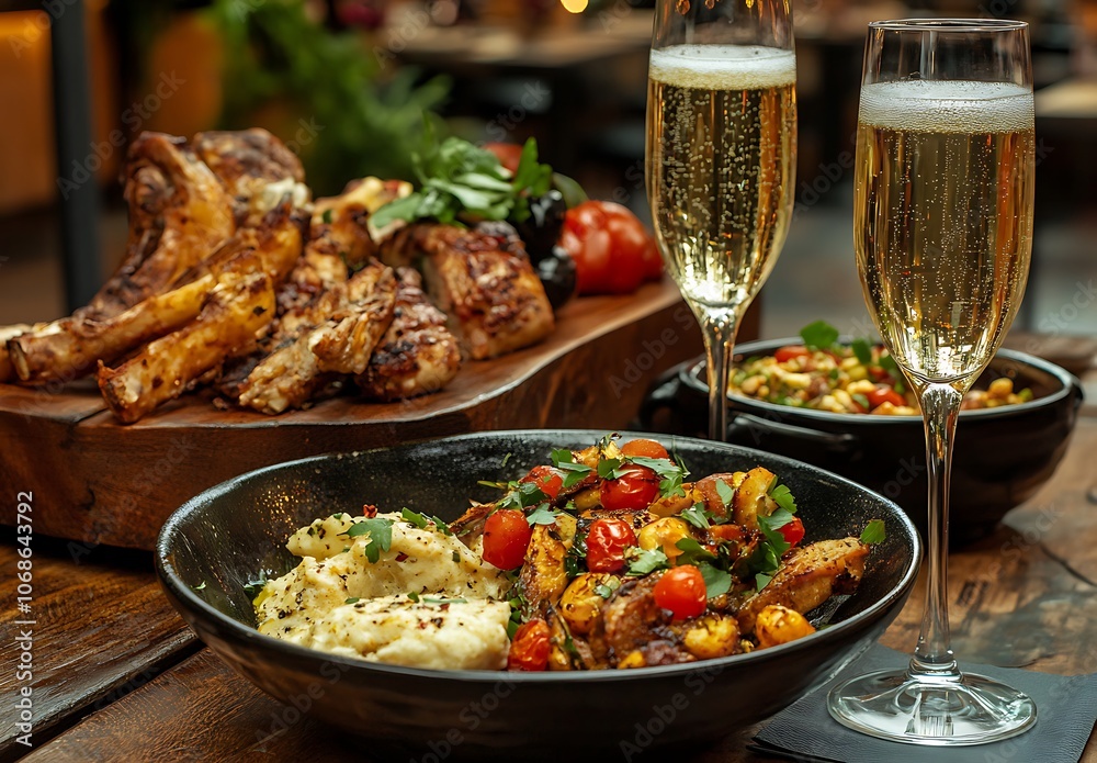 A Food Rustic celebration table with side dish with sparkling drink and champagne glass global popularity A Food Rustic celebration table with side dish with sparkling drink and champagne glass global popularity