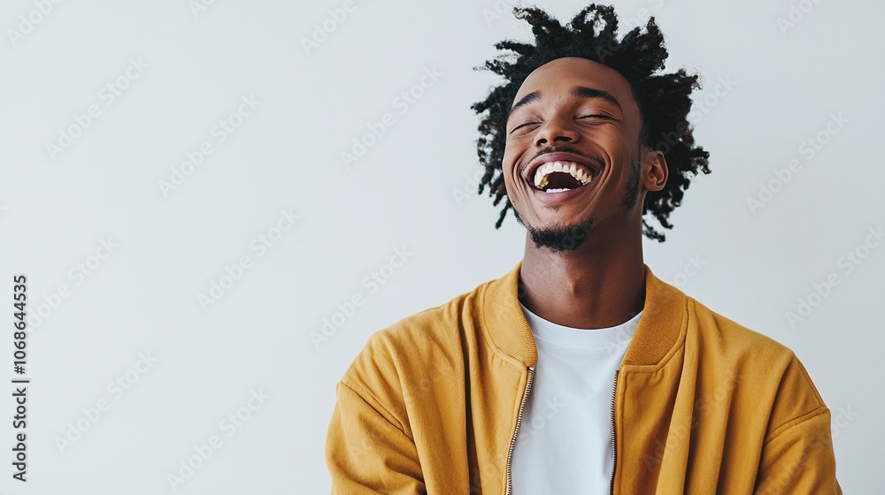 Obraz premium Joyful Young Man Laughing in Trendy Casual Outfit