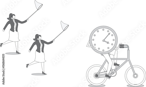 Group of businesswomen running after anthropomorphic time, trying to catch time, deadline, stress and time pressure concept