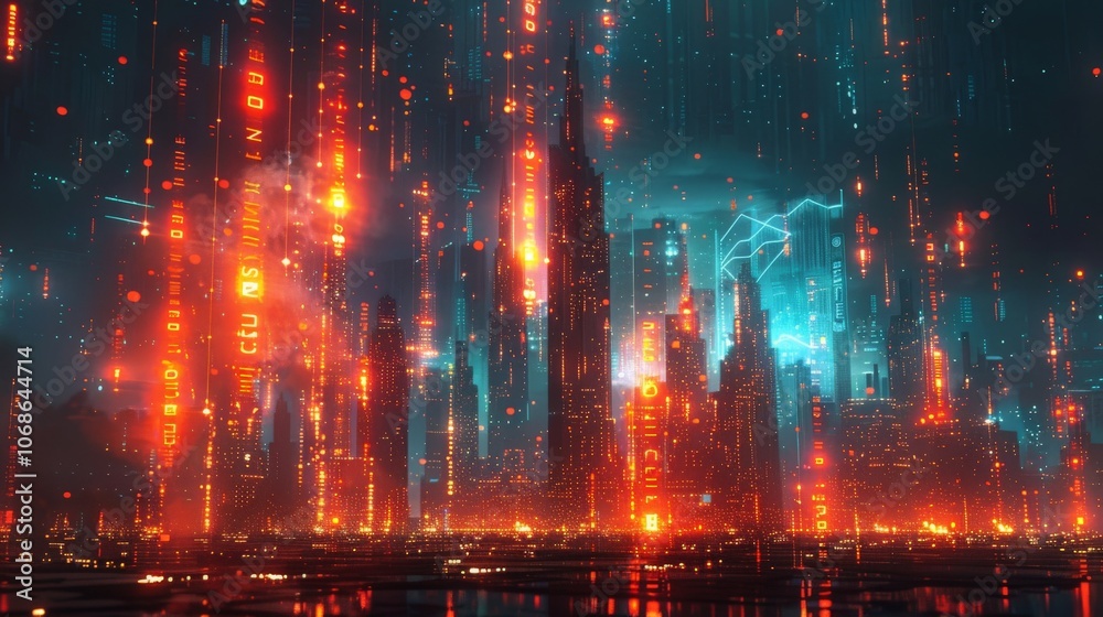 Fototapeta premium A detailed illustration of a futuristic cityscape with glowing digital currency symbols.