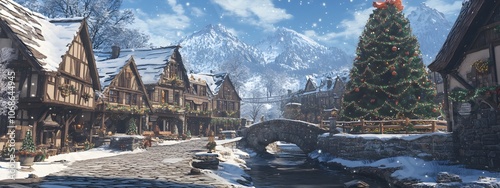 A picturesque winter scene of an old European town with charming wooden houses, snow-covered streets and bridges over small rivers, surrounded by snowy mountains.