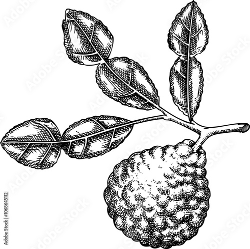 Kaffir lime sketch. Kitchen spice drawing. Citrus fruit branch hand-drawn vector illustration. NOT AI generated