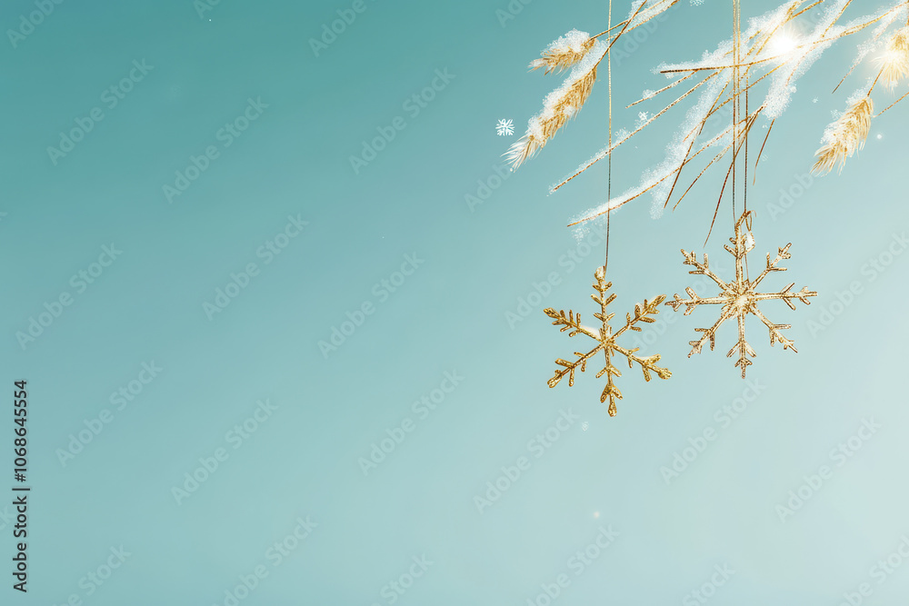 Elegant snowflakes with gold accents hang against serene winter sky, creating peaceful and festive atmosphere