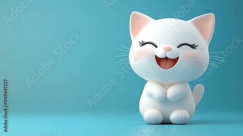 Cute cartoon white cat with happy expression on blue background.