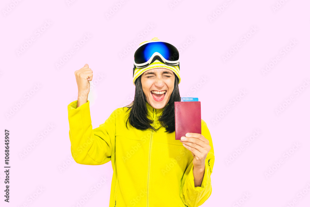 Close up portrait beautiful skier woman excited hold ticket passport blank cover show look at camera go boarding for flight. Go vacation holidays concept skiing.Traveler Ready For Trip pink background Close up portrait beautiful skier woman excited hold ticket passport blank cover show look at camera go boarding for flight. Go vacation holidays concept skiing.Traveler Ready For Trip pink background