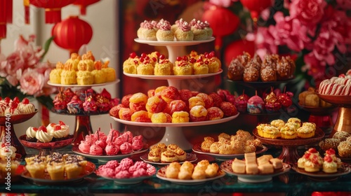 Chinese New Year dessert table with cultural sweets and decorations