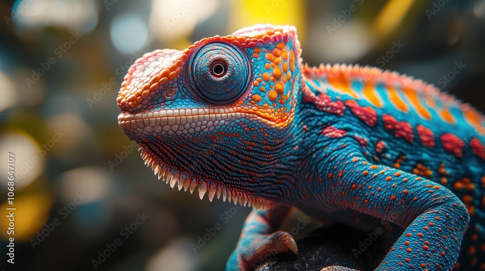A vibrant, close-up portrait of a chameleon with bright blue, orange, and red scales, its eye looking directly at the viewer against a blurry, green and yellow background.