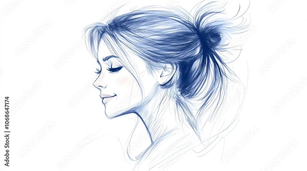 Soft Blue Pencil Sketch of Woman in Profile with Messy Bun and Closed Eye_2 Soft Blue Pencil Sketch of Woman in Profile with Messy Bun and Closed Eye_2