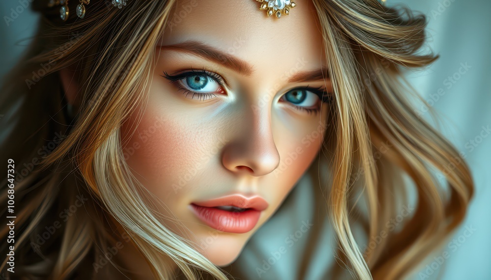 Ethereal Portrait of a Young Woman with Stunning Blue Eyes and Elegant Hair Accessory Ethereal Portrait of a Young Woman with Stunning Blue Eyes and Elegant Hair Accessory