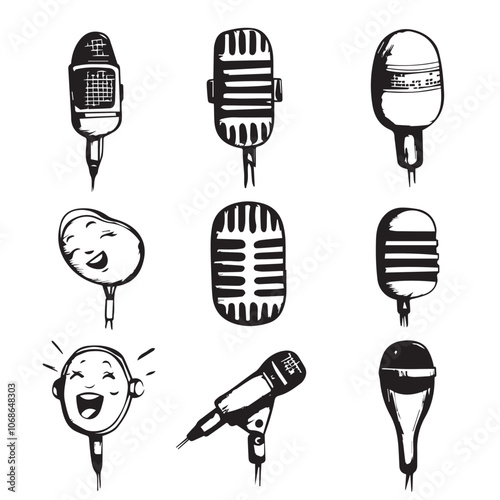 Microphone In cartoon, hand-drawn flat style. image for social media, websites and UI. Isolated 2D vector design in logo, icon, sketch style, simple line vector, single color. AI Generative Art.