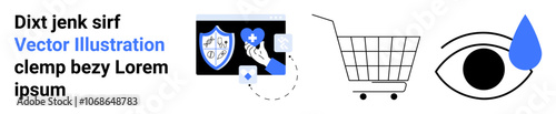 Text elements with various icons, including a shield, hand holding a heart, shopping cart, and an eye with a droplet. Ideal for themes of health, shopping, and emotions. Monochrome palette with blue