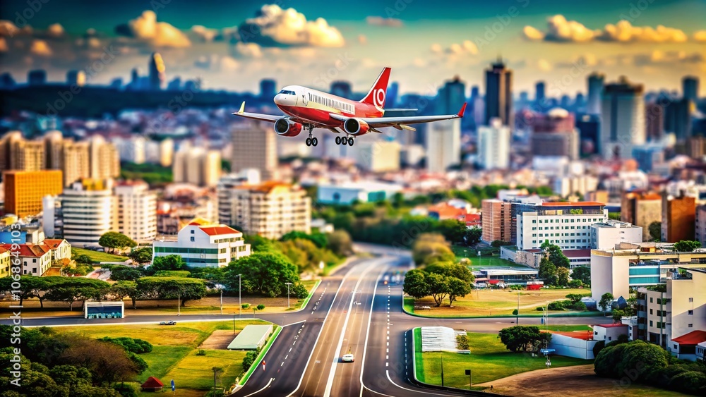 Fototapeta premium Tilt-Shift Photography of Commercial Plane Landing at Congonhas Airport, São Paulo - Aerial View of Urban Landscape, City Life, Aviation, and Transportation