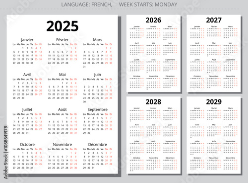 2025, 2026, 2027, 2028, 2029 french year calendars. Printable vector illustration for France - calendrier