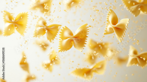 Close-up shot of flying farfalle against white background. Shallow depth of field