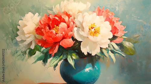 Fototapeta Naklejka Na Ścianę i Meble -  A vibrant arrangement of peony flowers in a turquoise vase, showcasing colorful blooms against a soft background.