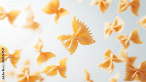 Close-up shot of flying farfalle against white background. Shallow depth of field