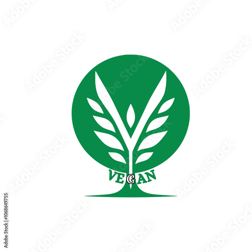 Minimalist Vegan Graphic: Green Circle, Cream Leaf & Shoot 'V'. 