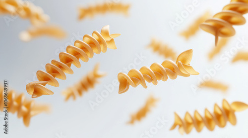Close-up shot of flying fusilli pasta against white background. Image with shallow depth of field