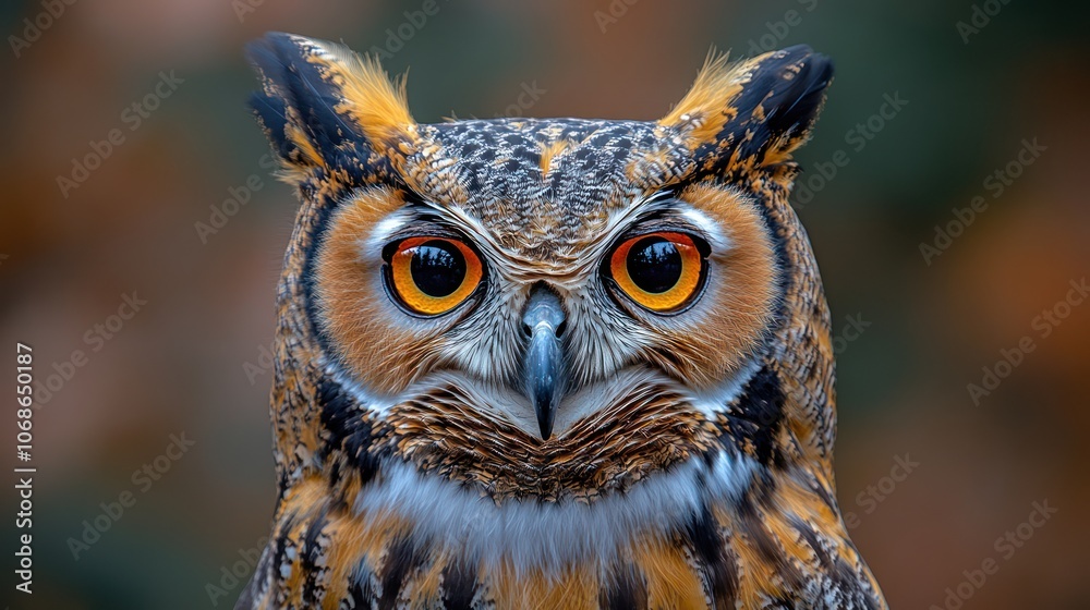 Close-up portrait of a majestic owl with intense amber eyes. Close-up portrait of a majestic owl with intense amber eyes.