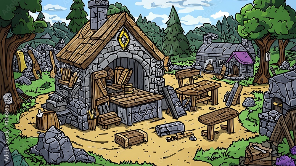 Obraz premium Stone Workshop in a Fantasy Forest Setting.