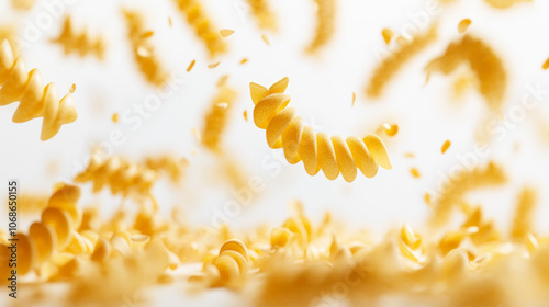 Close-up shot of flying fusilli pasta against white background. Image with shallow depth of field
