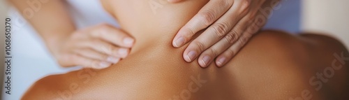 A close-up of a hand gently massaging a bare neck, showcasing relaxation and wellness in a serene environment.