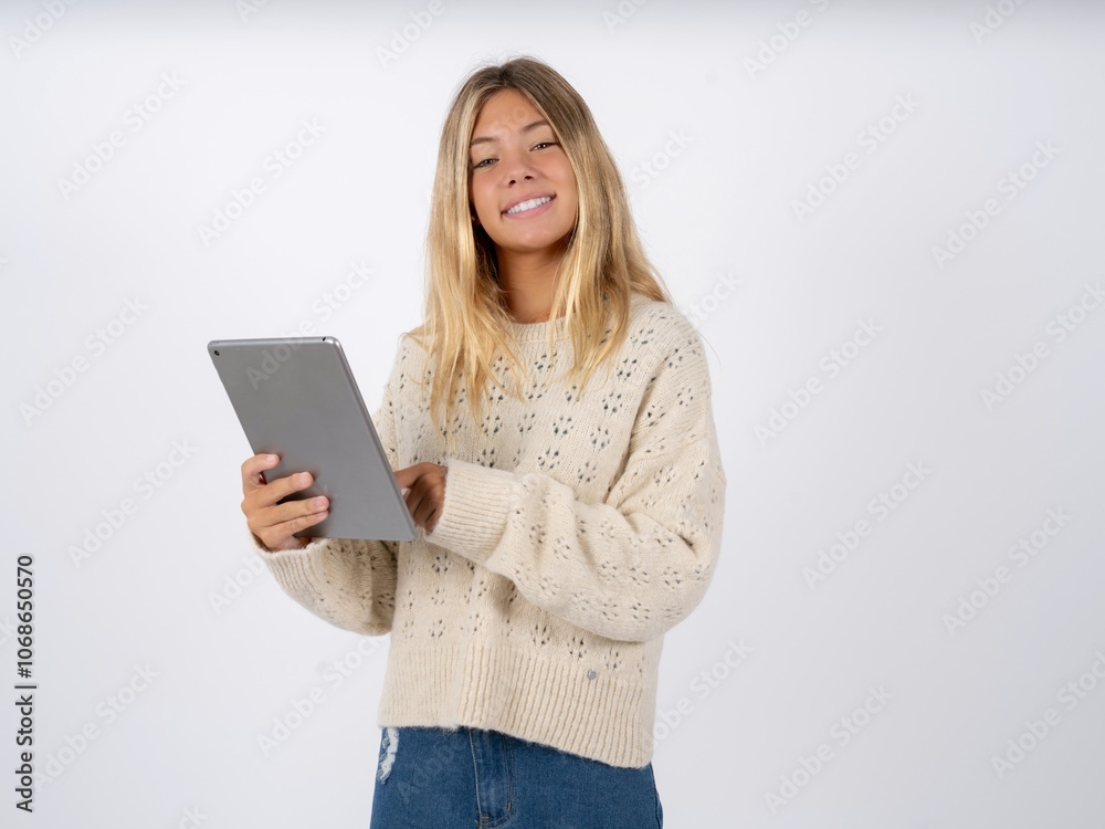 Fototapeta premium Photo of happy cheerful smart caucasian teen girl wearing knitted sweater over white hold tablet browsing internet