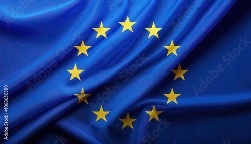 European Union Flag with Twelve Golden Stars on Blue Fabric Background Symbolizing Unity, Solidarity, and Identity Across European Member Nations. Ideal for Politics, Education, and Culture Themes