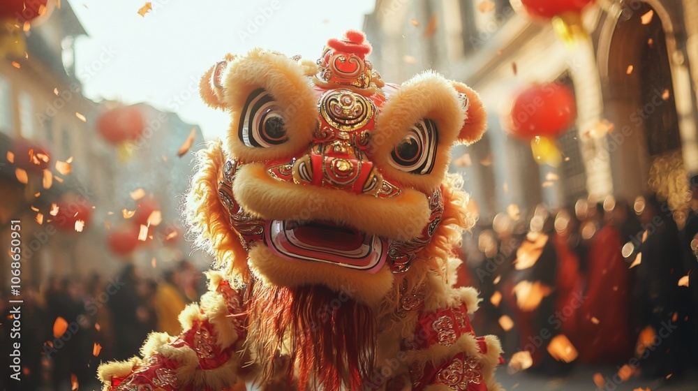Vibrant lion dance during New Year with festive crowd