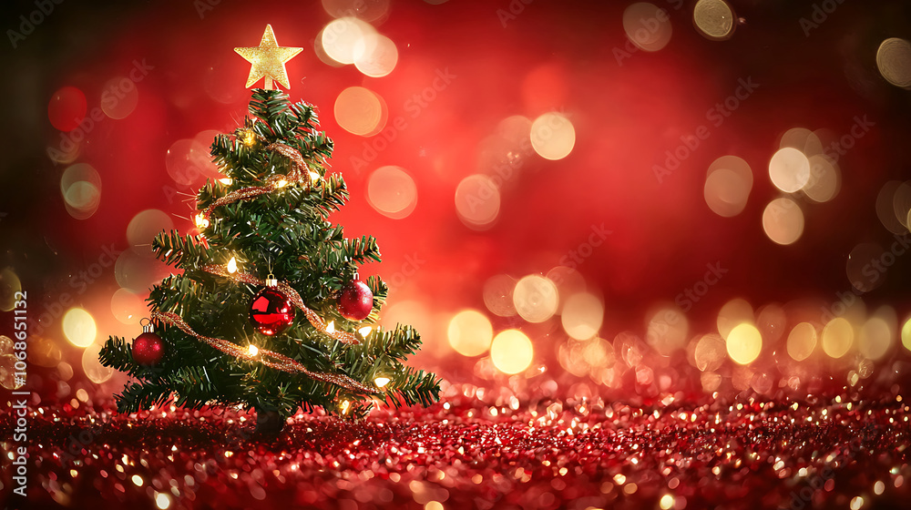 Christmas tree with red ornaments and lights on dark background Christmas tree with red ornaments and lights on dark background