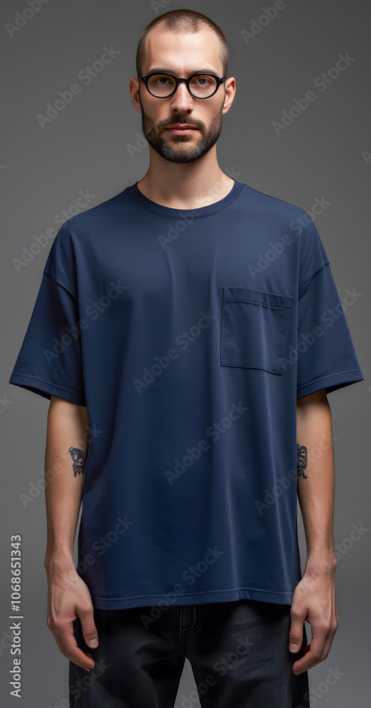 Fototapeta premium A man with a short beard, buzz cut, and round glasses wears a navy blue t-shirt with a pocket. He stands with a calm, confident expression, revealing tattoos on his forearms.