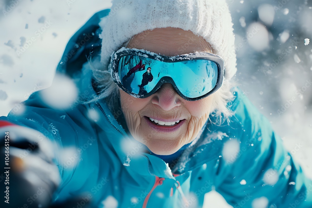 Senior Women Skiing Down Snowy Mountain With Joyful Focus