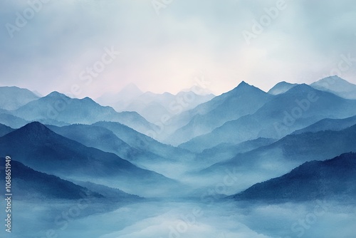 Misty blue mountain layers in serene landscape